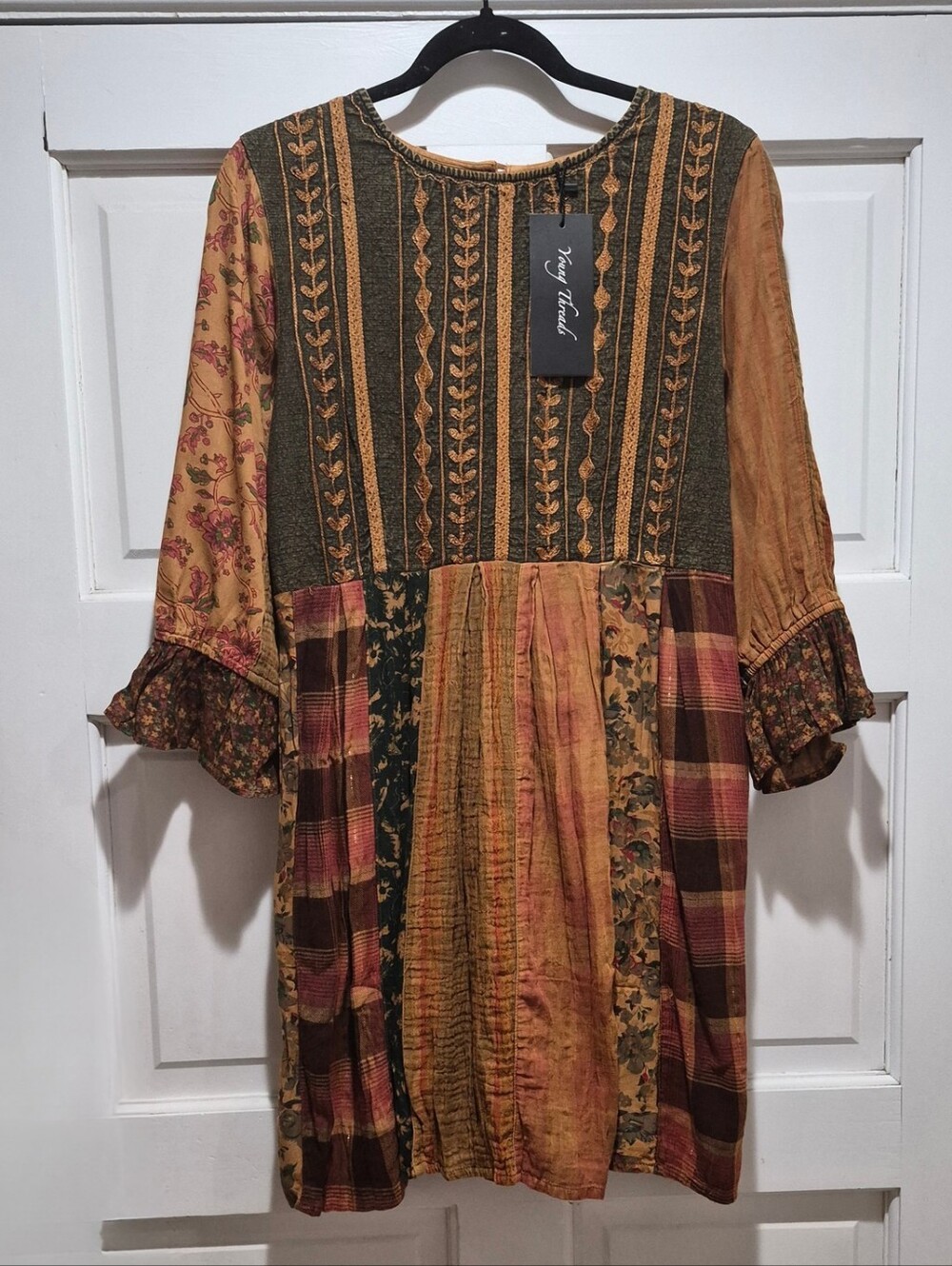 Young Threads Patchwork Boho Peasant Dress – Camel – Size Large NWT